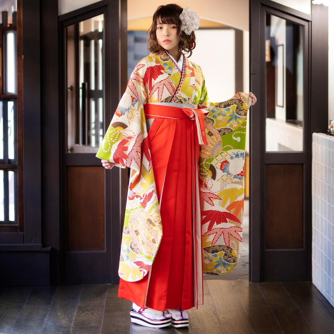 芸艸堂 【SALE】 黄緑×クリーム 雪持ち笹 レンタル 振袖袴 R1884