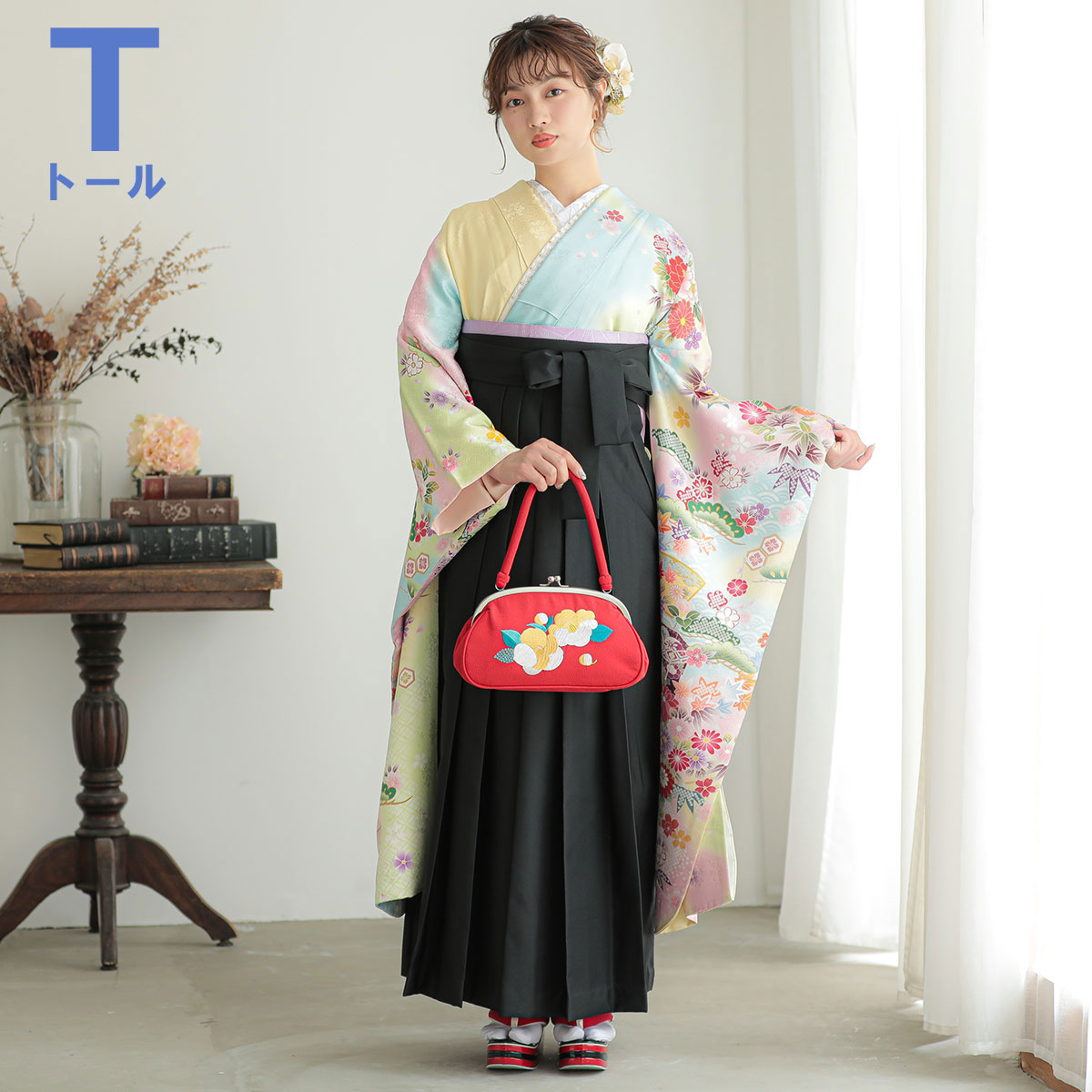  【SALE】 黄ぼかし　吉祥貝桶に四季の花  絹  R1377 【トールサイズ】 レンタル 振袖袴 R1865