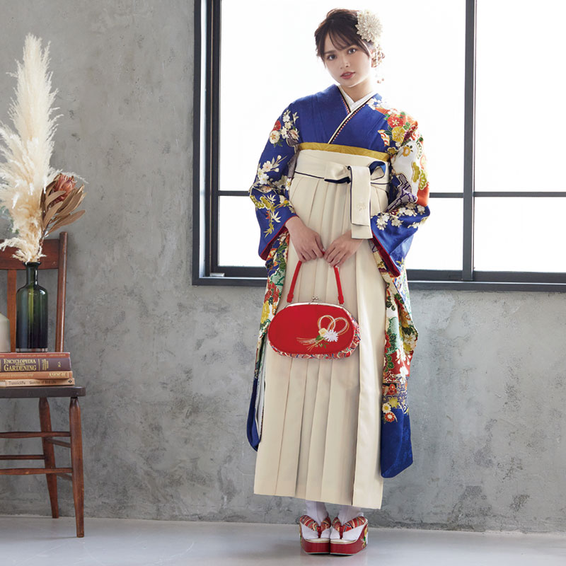  【SALE】 紺 雲取りに花と御所車 絹 レンタル 振袖袴 R1842