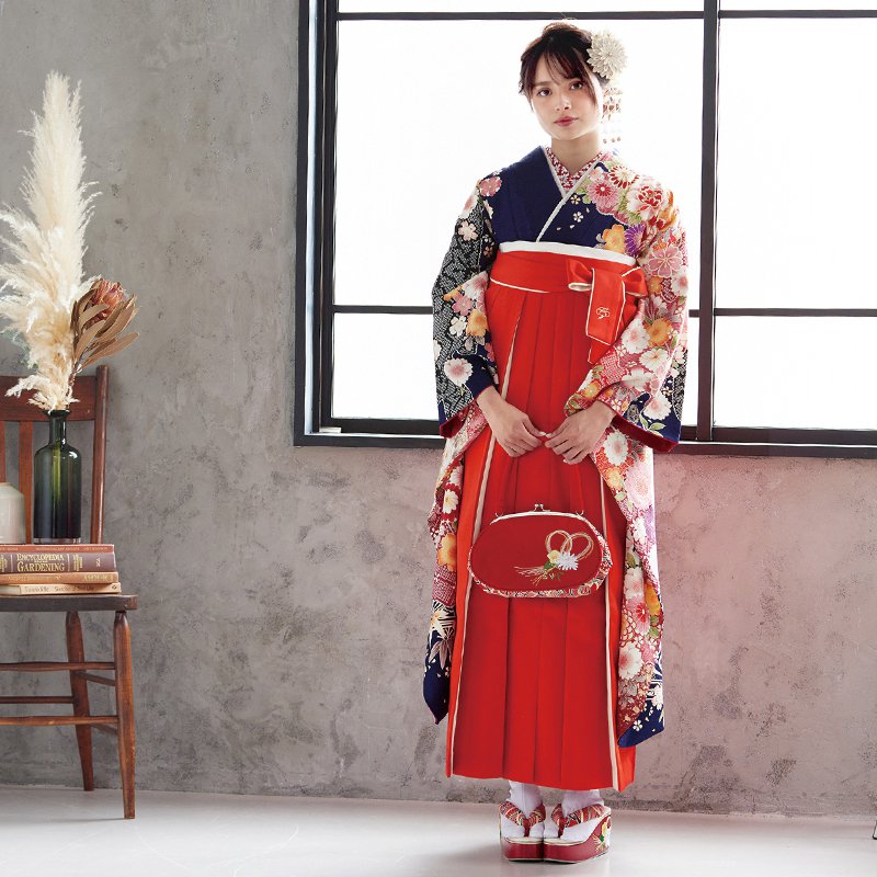  【SALE】 濃紺 桧扇に花と宝尽し レンタル 振袖袴 R1835