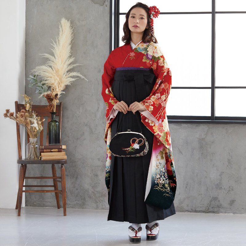  【SALE】 赤 花と貝桶 絹 レンタル 振袖袴 R1831