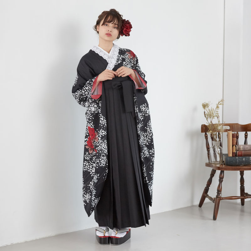  【SALE】 黒 深紅の薔薇とかすみ草 レンタル 振袖袴 R183