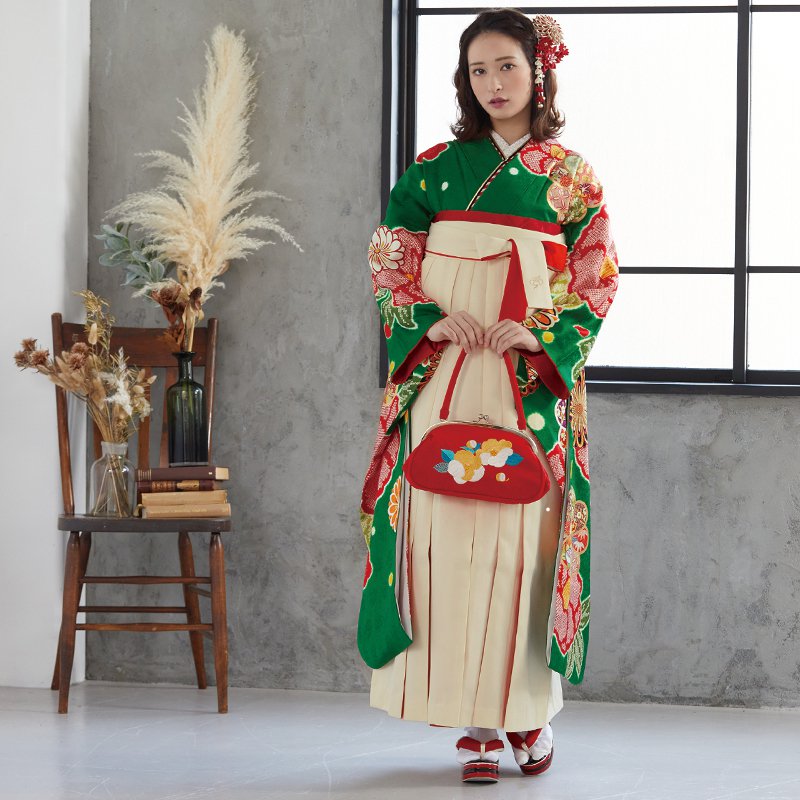  【SALE】 緑 紅椿に菊梅 絹 レンタル 振袖袴 R1829