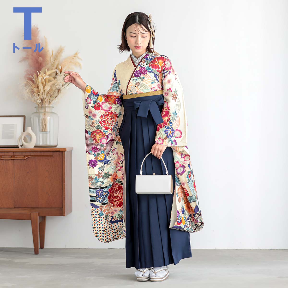 【SALE】 クリーム色 雲波に牡丹 絹 R1827 【トールサイズ】 レンタル 振袖袴 R1828