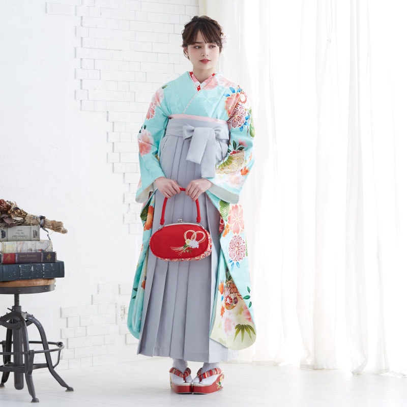  【SALE】 水浅葱×黄色 松桜牡丹に毬  絹 レンタル 振袖袴 R1823