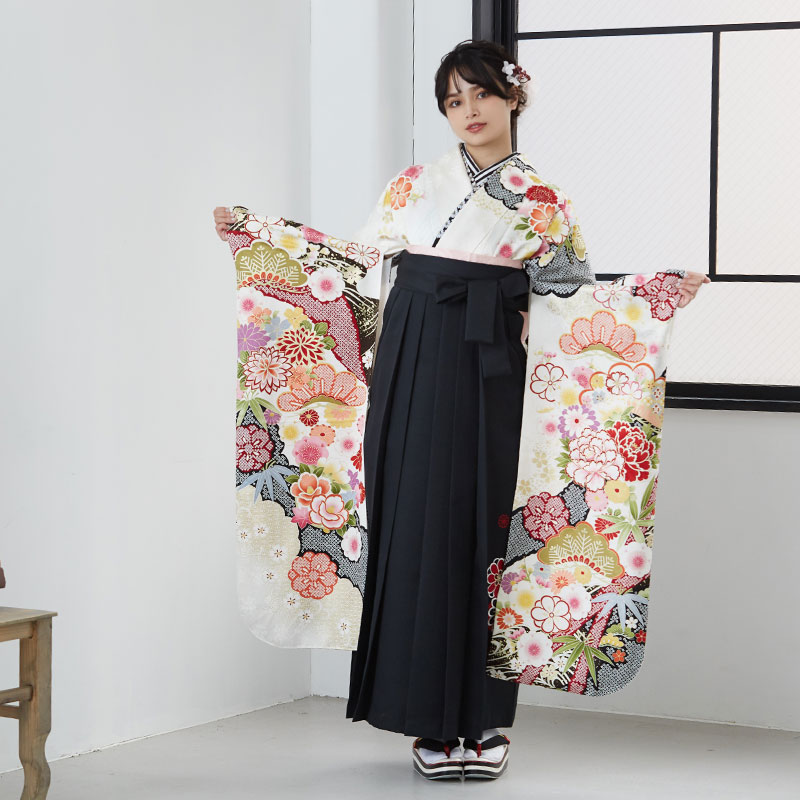  【SALE】 白 道長取り松牡丹 絹 レンタル 振袖袴 R1821