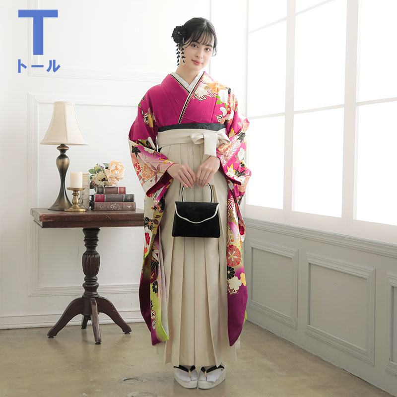  【SALE】 赤紫×白　毬に桜菊梅松 絹  R2095 【トールサイズ】 レンタル 振袖袴 R1813