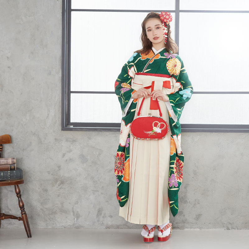  【SALE】 緑 菊桜 絹 レンタル 振袖袴 R1809
