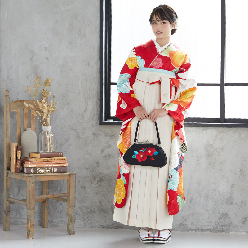  【SALE】 赤 梅と飛び鶴 絹 レンタル 振袖袴 R1806