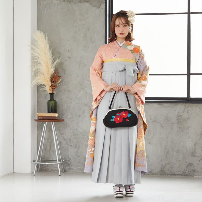  ピンク 雲取に几帳桧扇と御所車  絹 レンタル 振袖袴 R1790