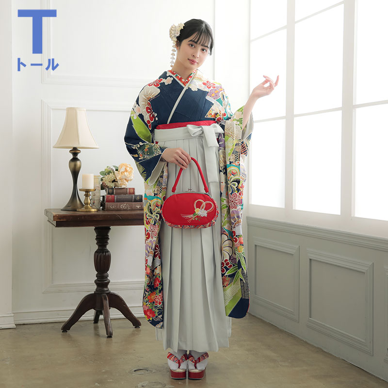  【SALE】 青　桧扇に松竹梅 絹 【トールサイズ】 レンタル 振袖袴 R1780