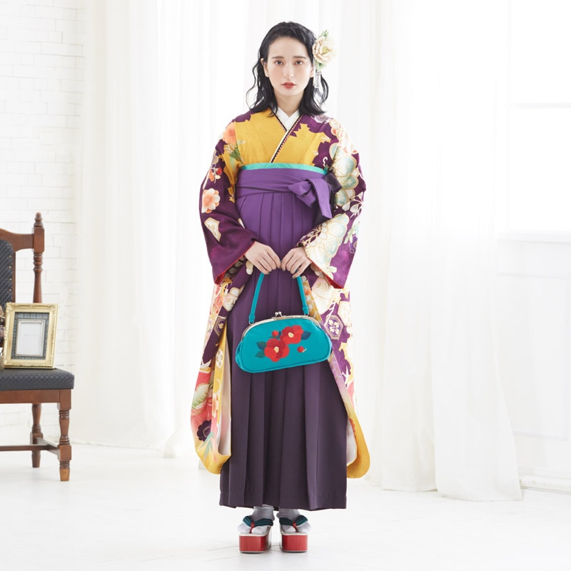  【SALE】 オレンジ×紫 松竹梅桜藤に鶴 絹 レンタル 振袖袴 R1778