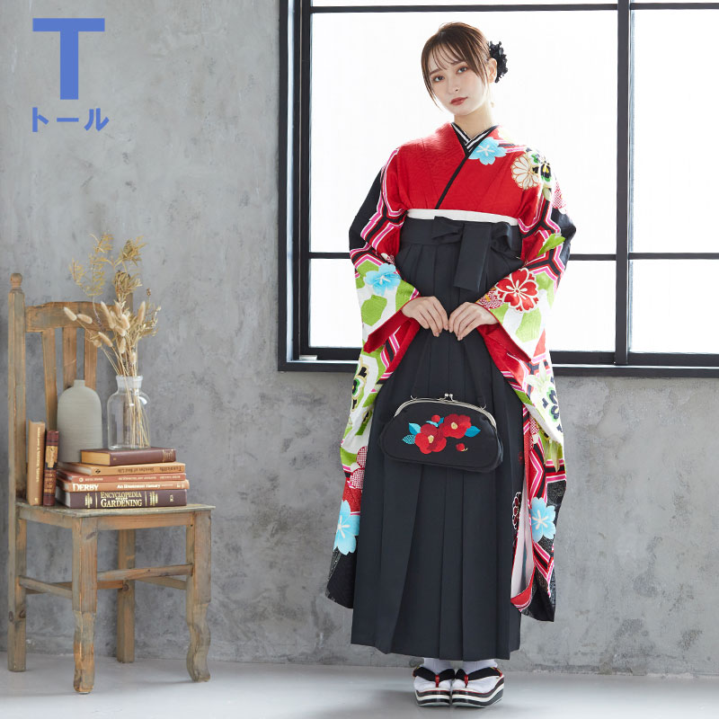  【SALE】 赤 亀甲に桜梅菊  絹  R1773 【トールサイズ】 レンタル 振袖袴 R1774