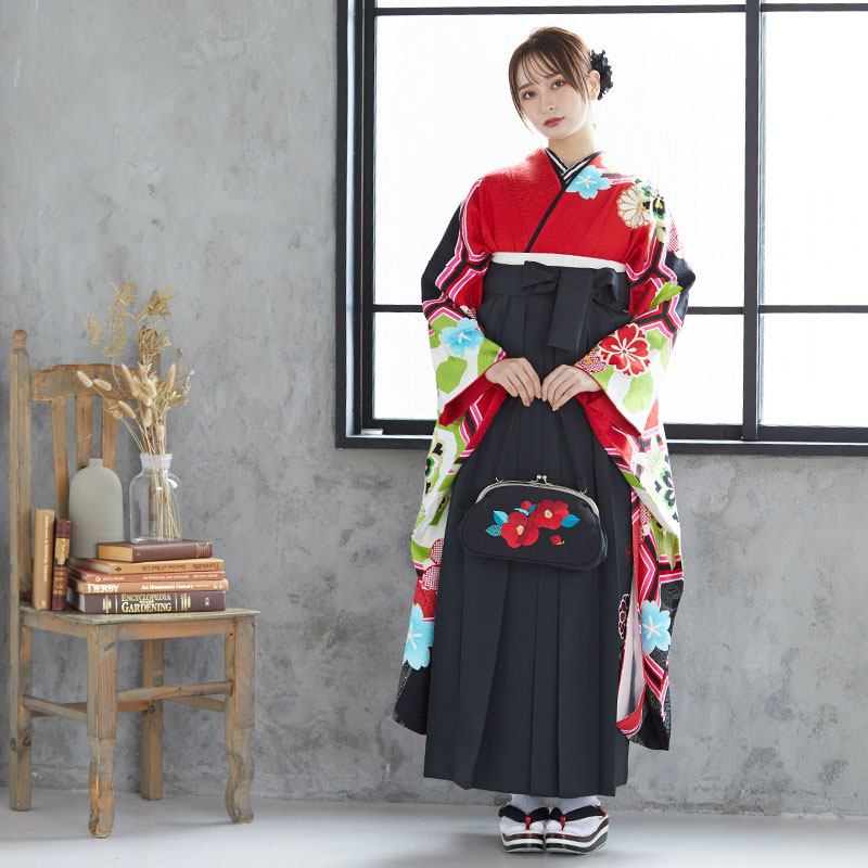  【SALE】 赤 亀甲に桜梅菊 絹  R1774 レンタル 振袖袴 R1773