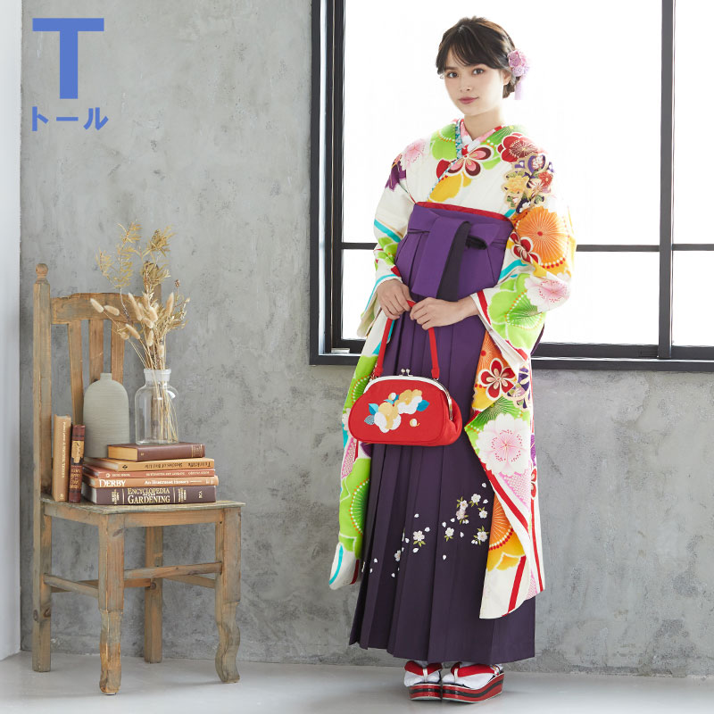  【SALE】 白 立涌に桜楓  絹  R1769 【トールサイズ】 レンタル 振袖袴 R1770