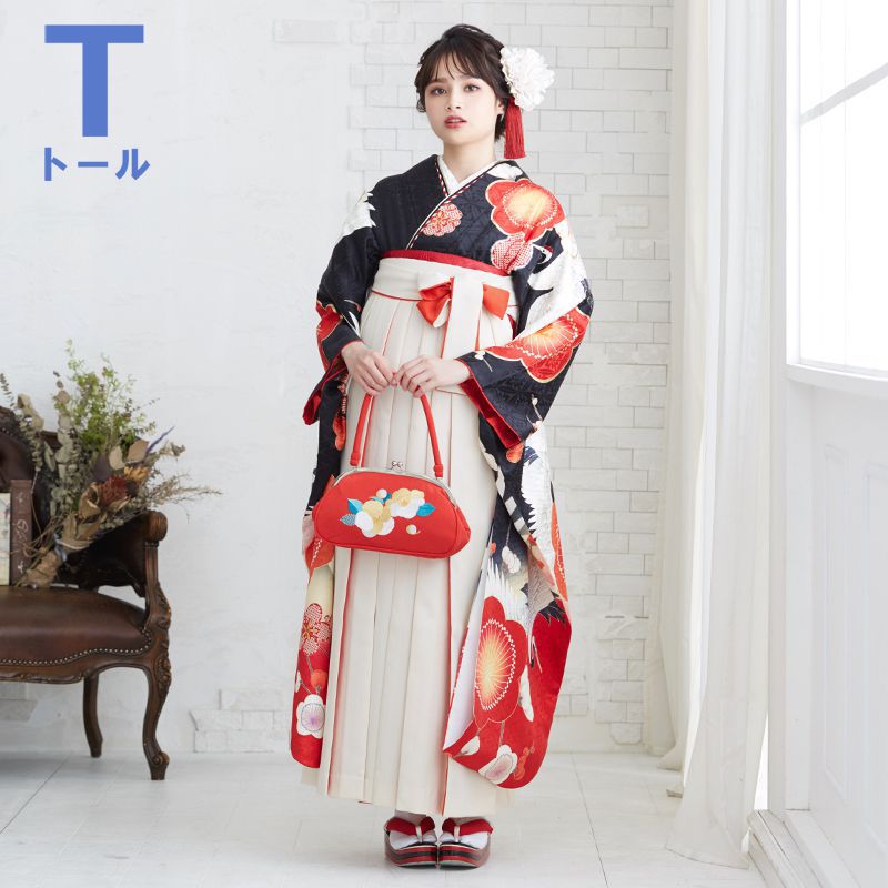  黒 梅に鶴  絹  R1921 【トールサイズ】 レンタル 振袖袴 R1755