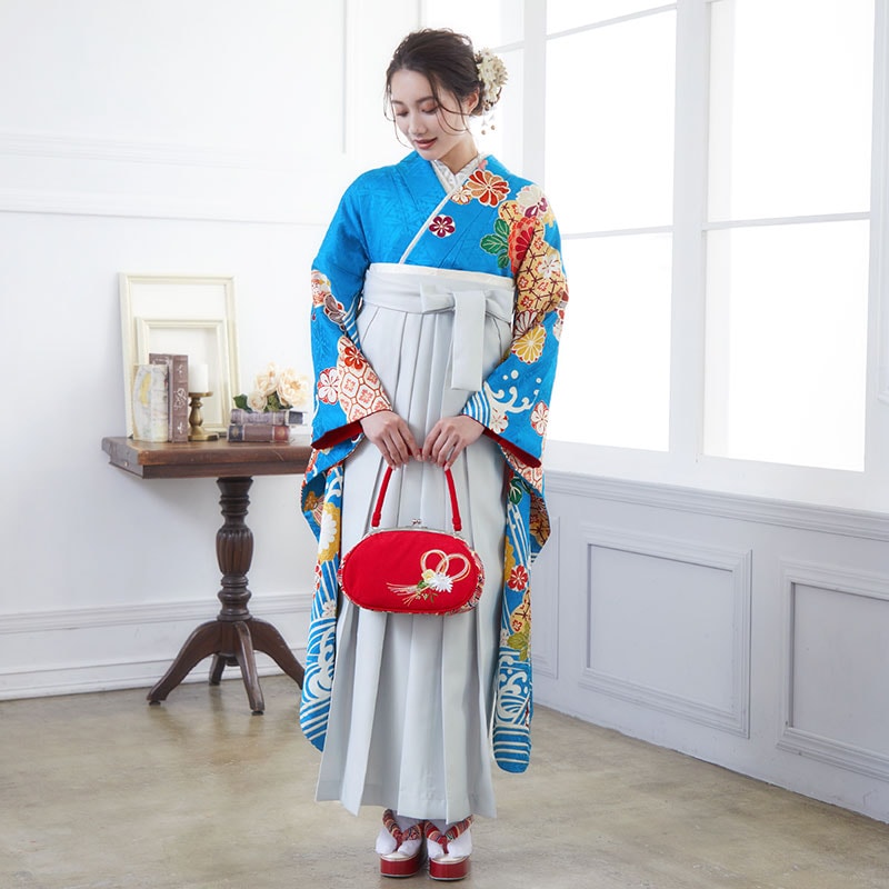  【SALE】 青 波に雲取り菊 絹 レンタル 振袖袴 R1754