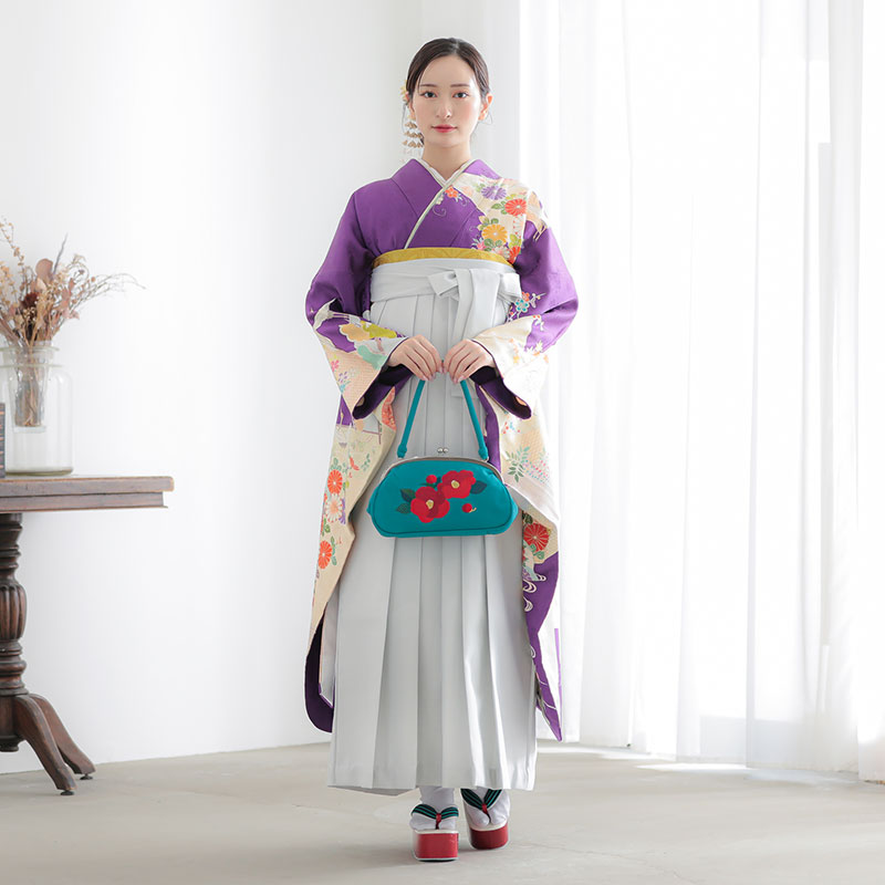  紫　花に飛鶴と扇  絹 レンタル 振袖袴 R1738