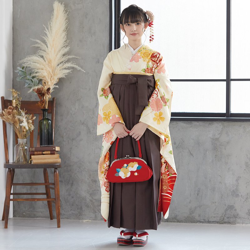  【SALE】 薄黄色 波に扇面鞠と花 絹 レンタル 振袖袴 R1734