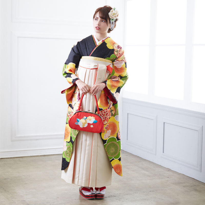  【SALE】 黒 梅尽くし 絹 レンタル 振袖袴 R1731