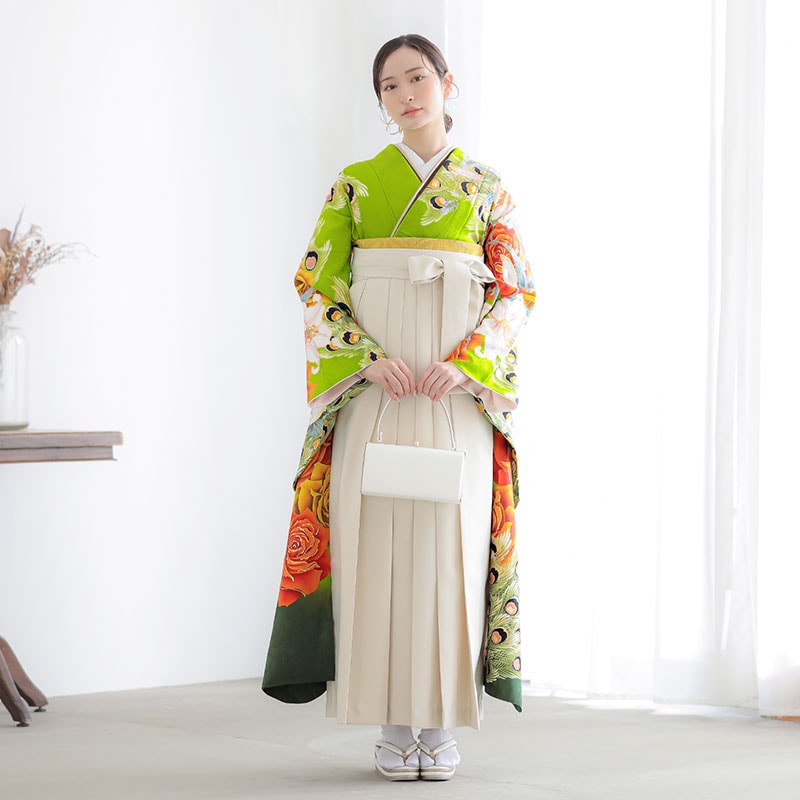 Lako Kula 【SALE】 黄緑　バラと孔雀羽根  絹 レンタル 振袖袴 R1723