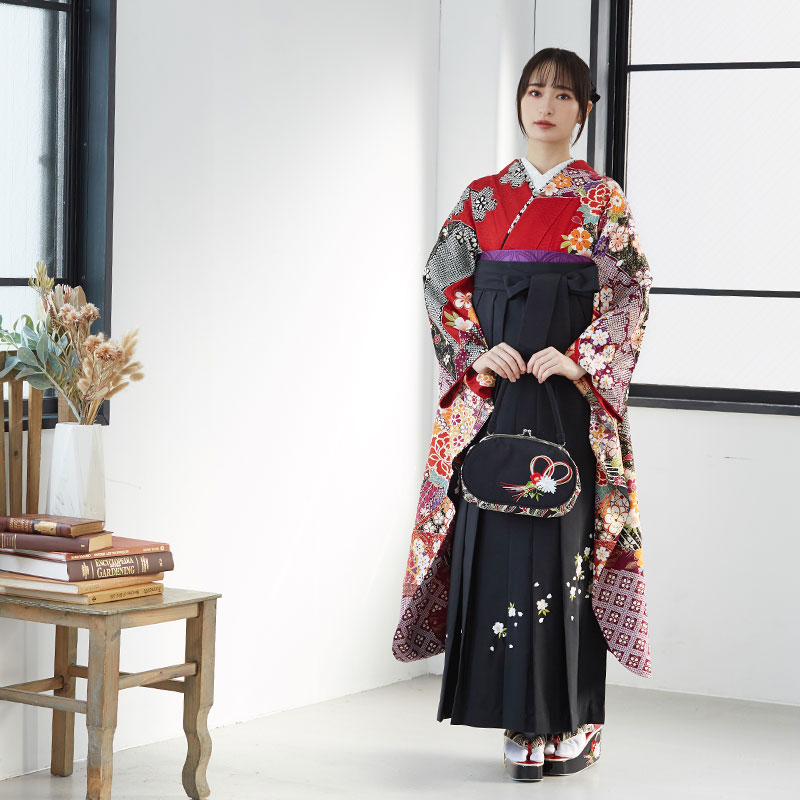  赤 花尽くし  絹 レンタル 振袖袴 R1701