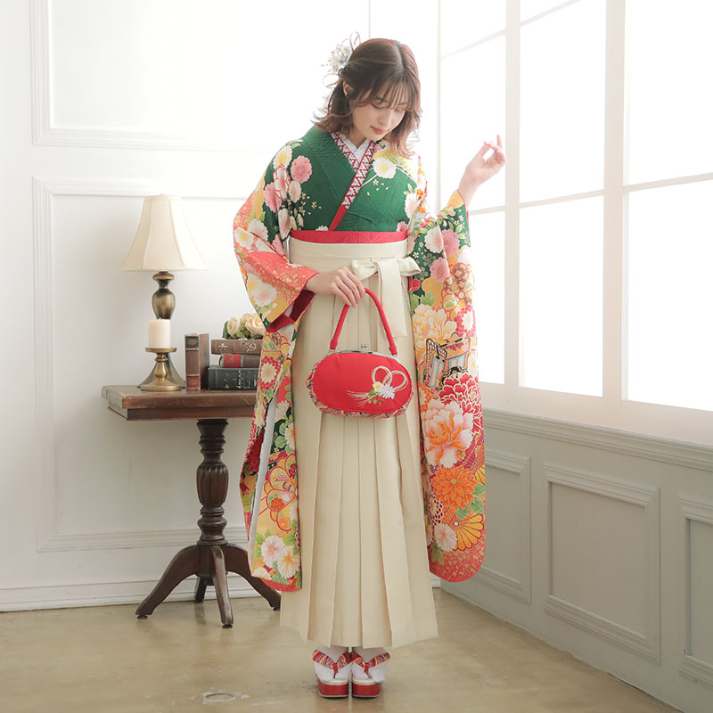  【SALE】 緑　雲取に花と宝尽くし  絹  F レンタル 振袖袴 R1675