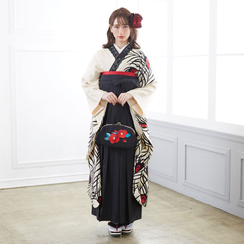 モダンアンテナ 【SALE】 クリーム色 孔雀  絹 レンタル 振袖袴 R1669