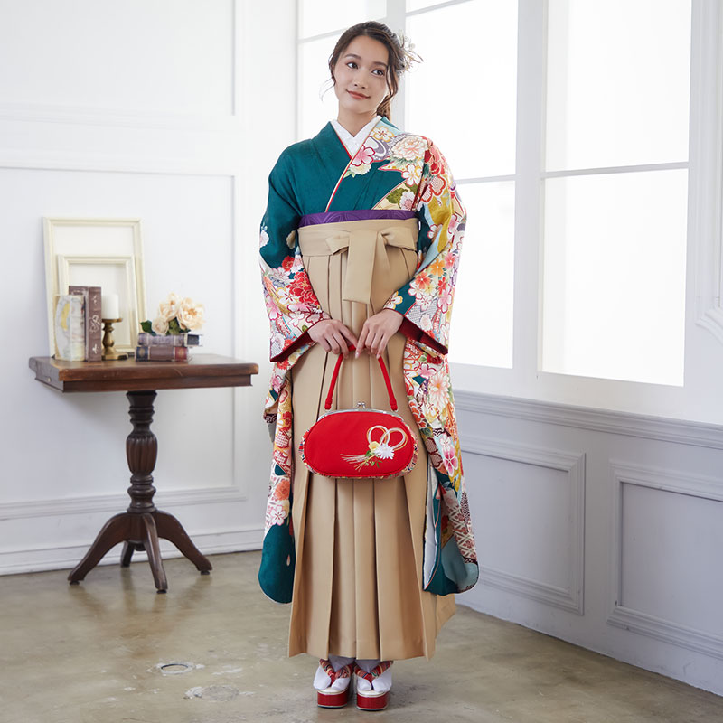  【SALE】 深緑 薬玉  絹 レンタル 振袖袴 R1667