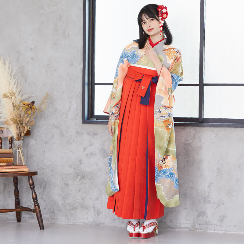  【SALE】 緑 扇面草花文様  絹 レンタル 振袖袴 R1666