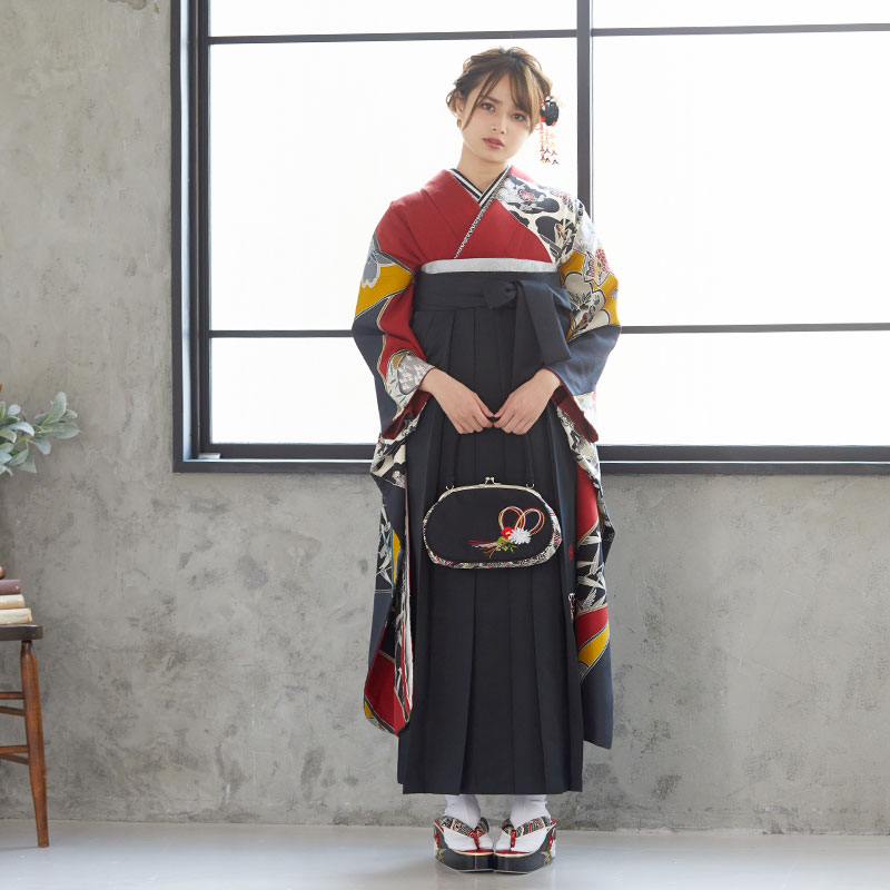  墨色×赤 斜取り 花鳥風景柄  絹 レンタル 振袖袴 R1665