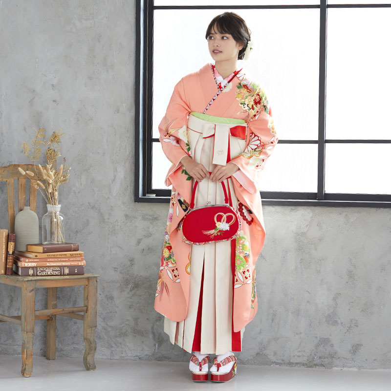  【SALE】 淡いオレンジ 松笹に桜と菊  絹 レンタル 振袖袴 R1623