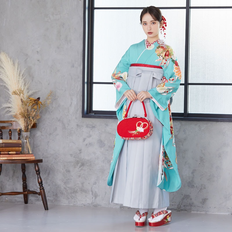  【SALE】 ミントブルー 松笹に桜と菊 絹 レンタル 振袖袴 R1622