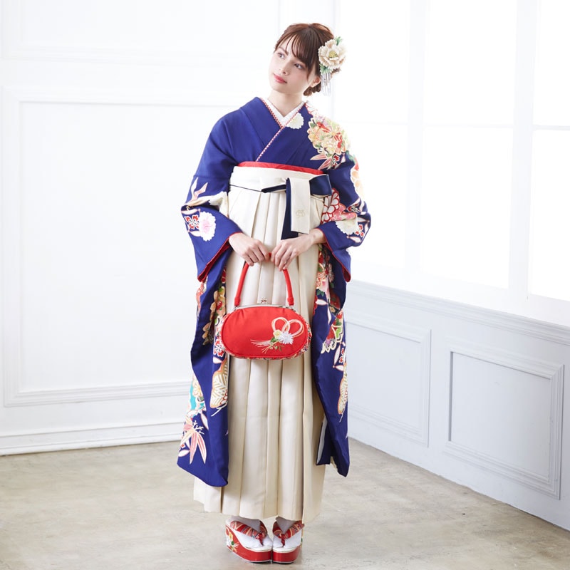  【SALE】 紺 松笹に桜と菊  絹 レンタル 振袖袴 R1621