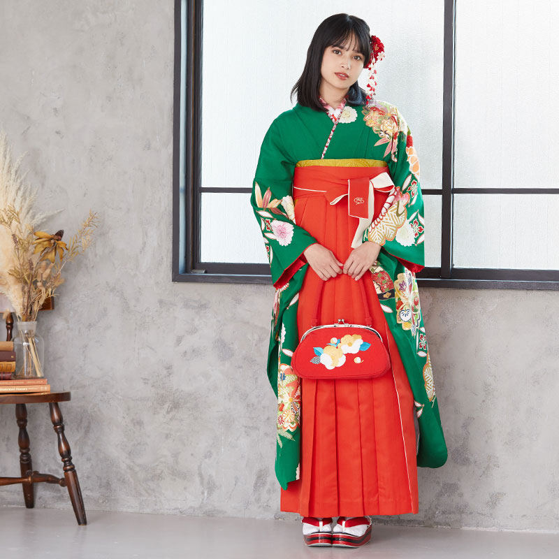  【SALE】 緑 大輪桜松菊 絹 レンタル 振袖袴 R1620
