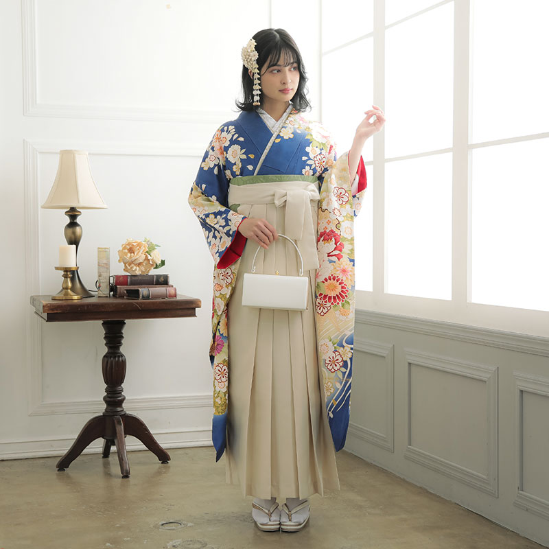  青 枝垂桜に手毬牡丹  絹 レンタル 振袖袴 R1618