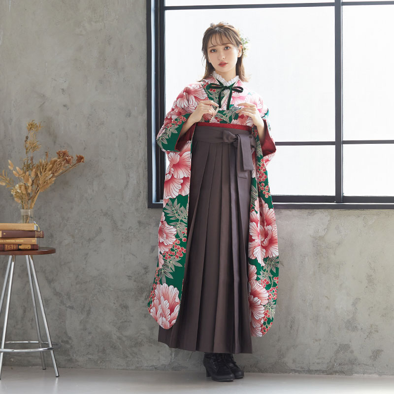  【SALE】 緑色 牡丹に鳥 レンタル 振袖袴 R1611