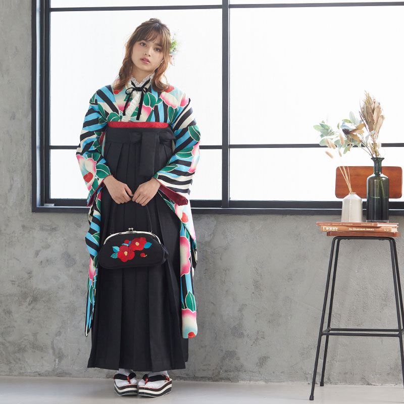 Xmiss 【SALE】 ブルー 大輪椿 斜め縞 Web限定商品 レンタル 振袖袴 R1609