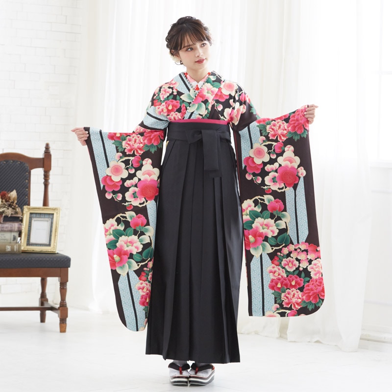 Xmiss 【SALE】 黒茶×水色 矢羽根に花の丸 レンタル 振袖袴 R1607