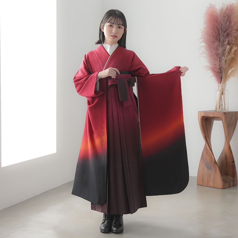  【SALE】 紅色に朱と黒暈し  絹 レンタル 振袖袴 R1566