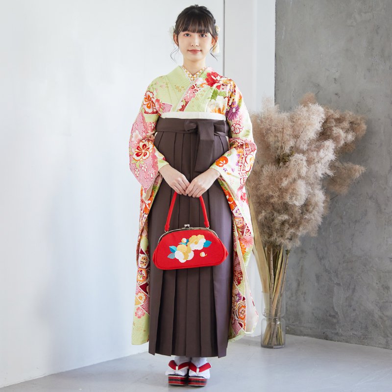  【SALE】 黄緑 熨斗貝桶に花 絹 レンタル 振袖袴 R1553