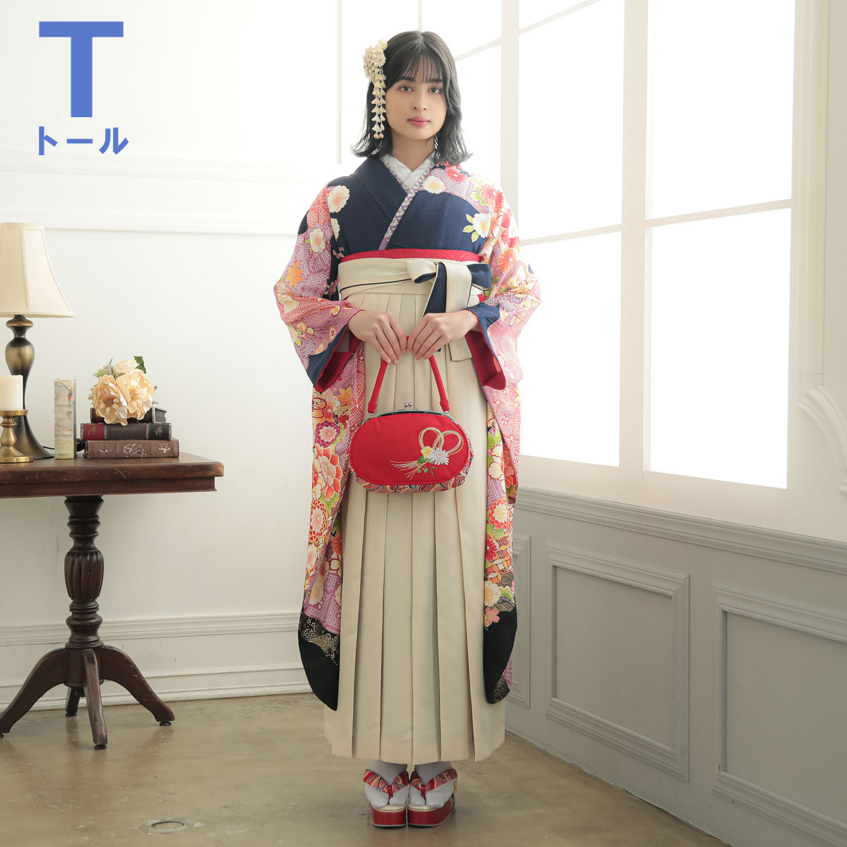  【SALE】 紺　道長取に雪輪貝桶  絹 【トールサイズ】 レンタル 振袖袴 R1551