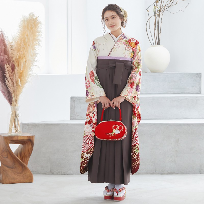 白 流水に菊牡丹貝桶 絹 レンタル 振袖袴 R1540