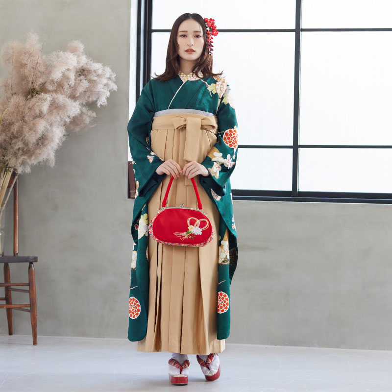  【SALE】 深緑　菊梅に滝文様 絹  R1503 レンタル 振袖袴 R986