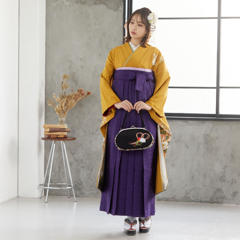 金茶 御所車に四季の花 絹 レンタル 振袖袴 R964