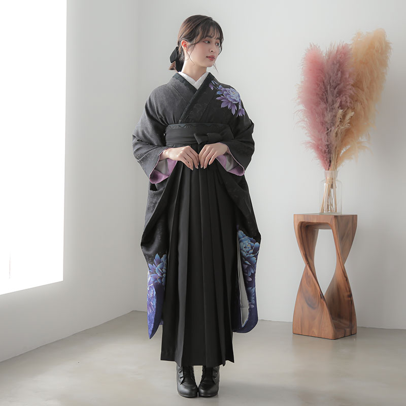  【SALE】 黒　牡丹  絹 レンタル 振袖袴 R952