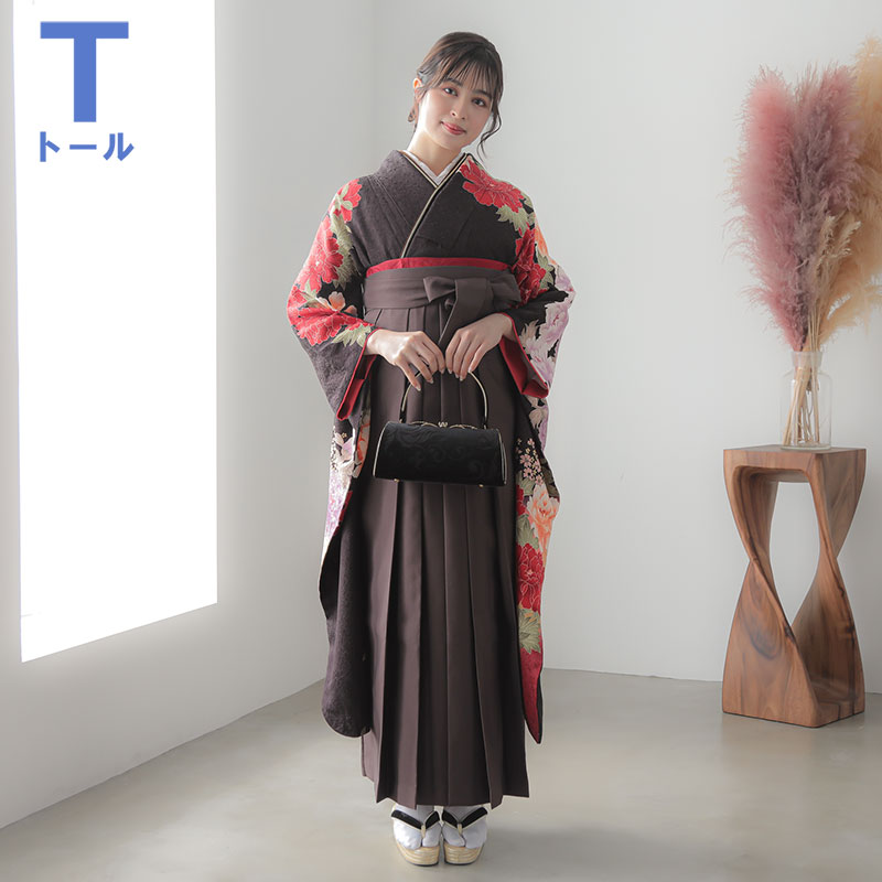  【SALE】 茶　赤牡丹紫牡丹  R588  絹 【トールサイズ】 レンタル 振袖袴 R933