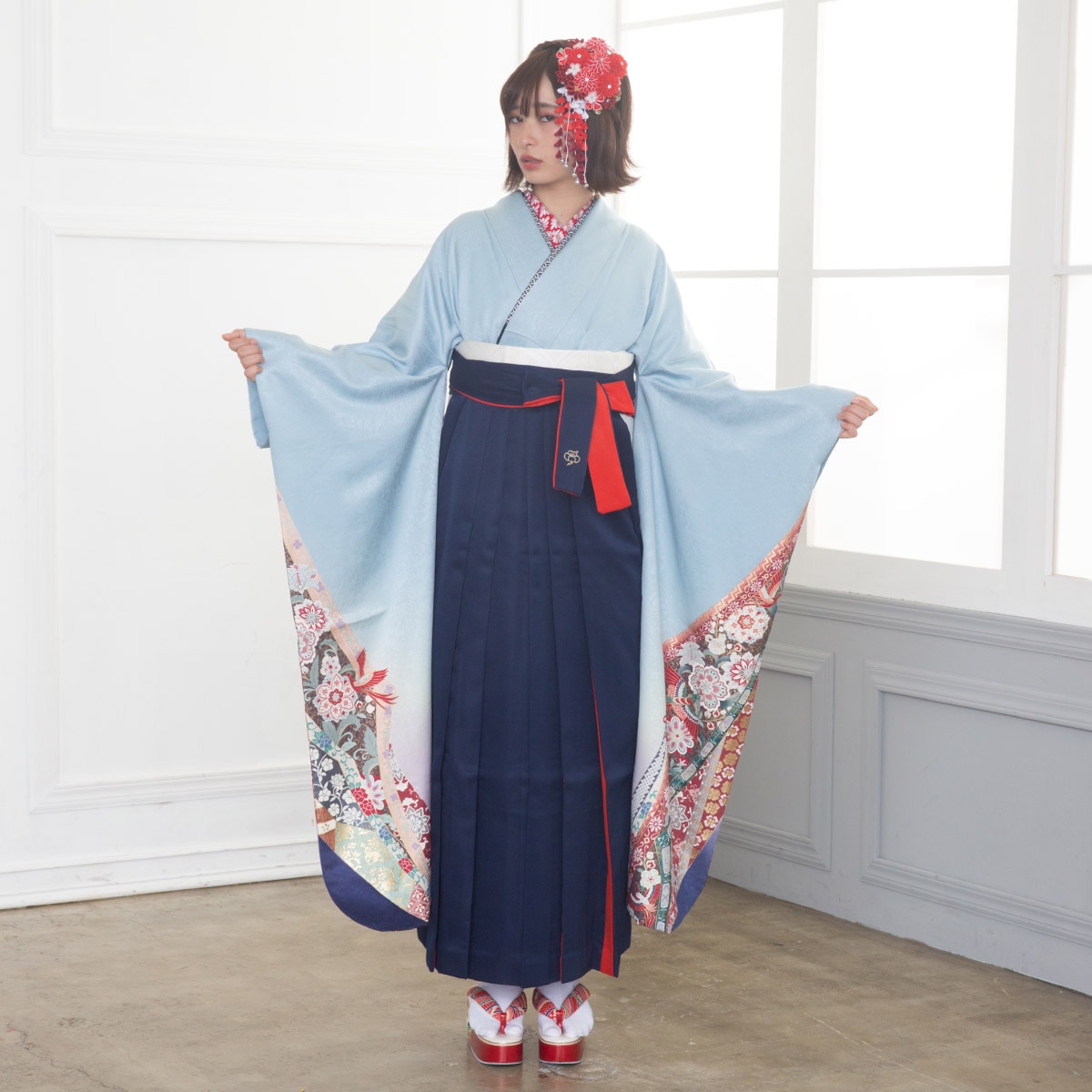  【SALE】 水色 天平唐花鳳凰文  絹  宅  Web限定商品 レンタル 振袖袴 R890