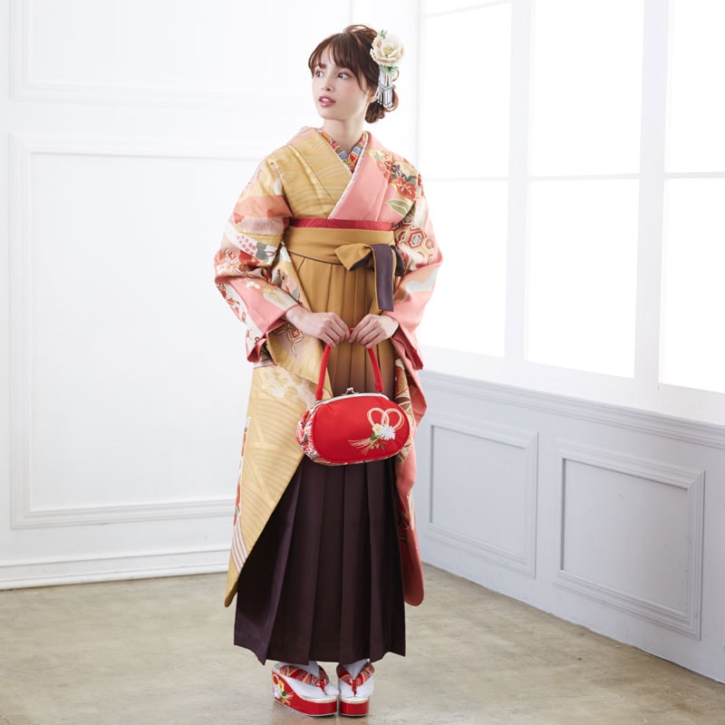  【SALE】 桃色×金茶 熨斗に橘  絹  宅 レンタル 振袖袴 R879