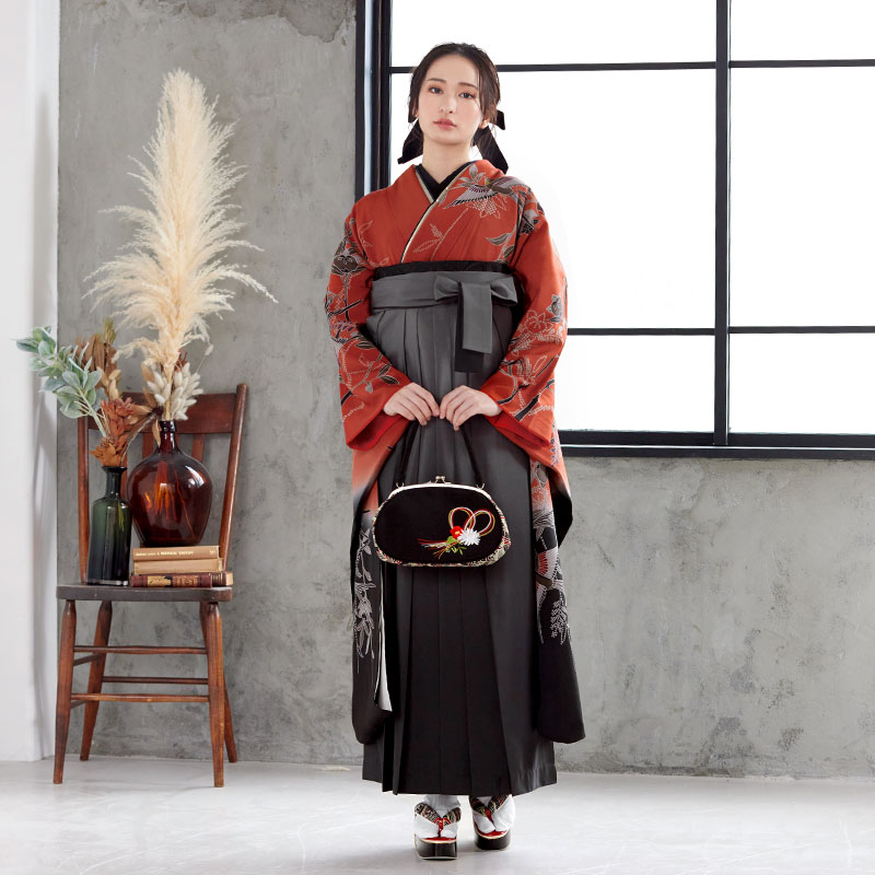  【SALE】 朱赤×黒 四季花鳥苑  絹 レンタル 振袖袴 R874